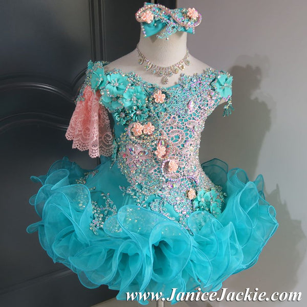 (#1072) Off shoulder flared glitz national pageant dress. (teal green & peach) / 2 ~ 3 weeks production (*Without necklace)