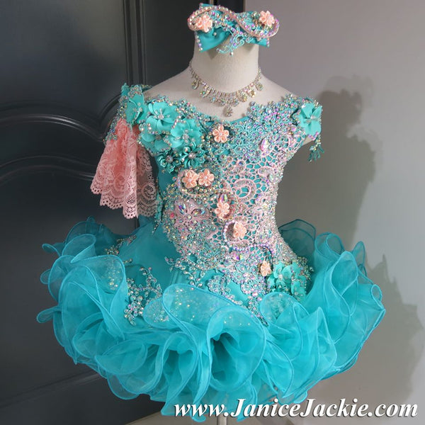 1072) Off shoulder flared glitz national pageant dress. (teal green janicejackie 1072) Off shoulder flared glitz national pageant dress. (teal green janicejackie