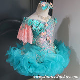 (#1072) Off shoulder flared glitz national pageant dress. (teal green & peach) / 2 ~ 3 weeks production (*Without necklace)