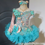 (#1073) Off shoulder flared glitz national pageant dress. (teal green & peach) / 2 ~ 3 weeks production (*Without necklace)