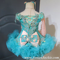 (#1073) Off shoulder flared glitz national pageant dress. (teal green & peach) / 2 ~ 3 weeks production (*Without necklace)