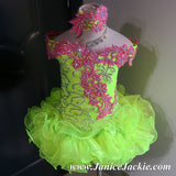 (#1089) Off shoulder flared glitz national pageant dress. (lime green & berry) / 2 ~ 3 weeks production (*Without necklace)