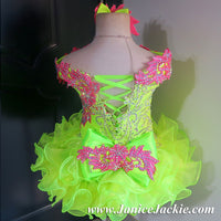 (#1089) Off shoulder flared glitz national pageant dress. (lime green & berry) / 2 ~ 3 weeks production (*Without necklace)