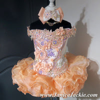 (#1111) Off shoulder flat (high glitz) national pageant dress. (white, peach, lavender) / 2 ~ 3 wks production / (*Without necklace)