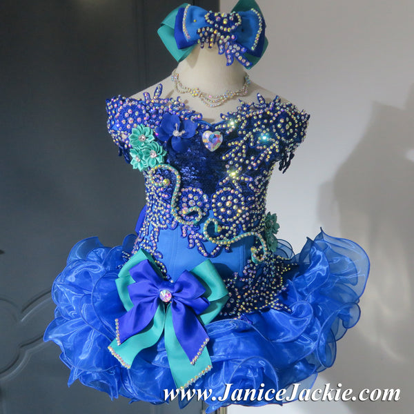 (#1123) Off shoulder flared glitz national pageant dress. (blue) / 2 ~ 3 weeks production (*Without necklace) (#1123) Off shoulder flared glitz national pageant dress. (blue) / 2 ~ 3 weeks production (*Without necklace)