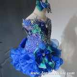 (#1123) Off shoulder flared glitz national pageant dress. (blue) / 2 ~ 3 weeks production (*Without necklace)