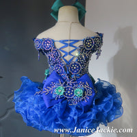 (#1123) Off shoulder flared glitz national pageant dress. (blue) / 2 ~ 3 weeks production (*Without necklace)