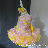 (#1140) Off shoulder flat glitz national pageant dress. (yellow & pink)  / 2 ~ 3 weeks production (*Without necklace)