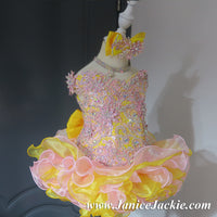 (#1140) Off shoulder flat glitz national pageant dress. (yellow & pink)  / 2 ~ 3 weeks production (*Without necklace)