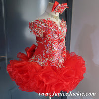 (DRESS EXAMPLE) (#1141) Off shoulder flat MEGA glitz national pageant dress. (red) / 2 ~ 3 weeks production (*Without necklace)