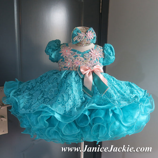 (#1158) Sleeve lace baby doll glitz pageant dress (teal+peach) / 2~3 weeks production/no necklace
