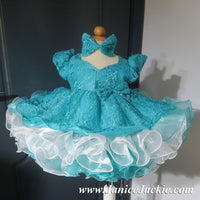 (#1159) Princess sleeve lace baby doll plain shell dress (teal+white) / 2~3 weeks production/no necklace