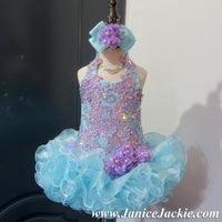 (#1181) Halter flat glitz national pageant dress. (seafoam blue + lavender) / 2 ~ 3 weeks production (*Without necklace)