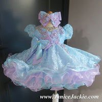 (#1193) Sleeve lace baby doll glitz pageant dress (blue + lavender) / 2~3 weeks production