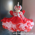 (#1194) Sleeve lace baby doll glitz pageant dress (red + white) / 2~3 weeks production
