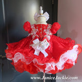 (#1194) Sleeve lace baby doll glitz pageant dress (red + white) / 2~3 weeks production