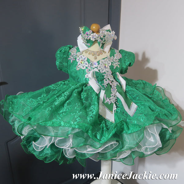 (#1228) Sleeve lace baby doll glitz pageant dress (emerald green+white) / 2~3 weeks production/no necklace