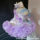 (#1241) One shoulder flared style glitz national pageant dress. (white + lavender) / 3 ~ 4 weeks production (*Without necklace)