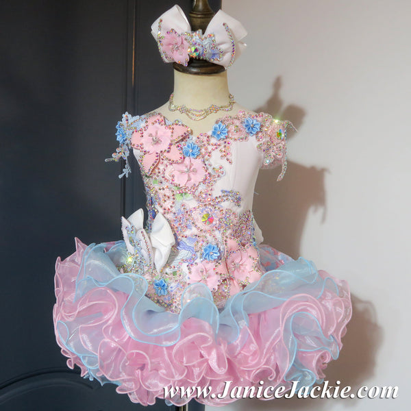 (#1244) Off shoulder flat glitz national pageant dress. (white + blue + pink) / 3 ~ 4 weeks production (*Without necklace)