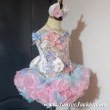 (#1244) Off shoulder flat glitz national pageant dress. (white + blue + pink) / 3 ~ 4 weeks production (*Without necklace)