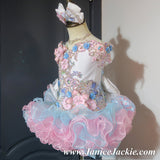 (#1244) Off shoulder flat glitz national pageant dress. (white + blue + pink) / 3 ~ 4 weeks production (*Without necklace)