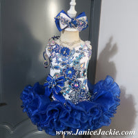 (#1278) Straps flat glitz national pageant dress. (white, blue) / 3 ~ 4 weeks production (*Without necklace)
