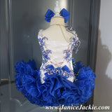 (#1278) Straps flat glitz national pageant dress. (white, blue) / 3 ~ 4 weeks production (*Without necklace)