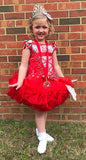 (#153) Off shoulder flat national pageant dress. (red) (*Without white color ARM ruffles)