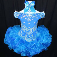 (#165) Off shoulder flat glitz pageant dress. (blue)