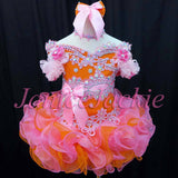 (#168) Off shoulder flat glitz pageant dress. (orange pink)