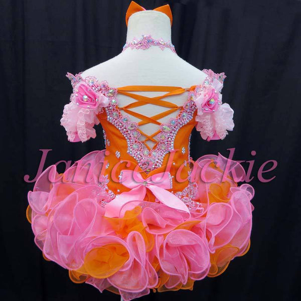 168) Off shoulder flat glitz pageant dress. (orange pink) janicejackie 168) Off shoulder flat glitz pageant dress. (orange pink) janicejackie