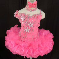 (#198) One side straps & one side off shoulder flat style glitz pageant dress. (neon pink)
