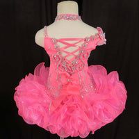 (#198) One side straps & one side off shoulder flat style glitz pageant dress. (neon pink)