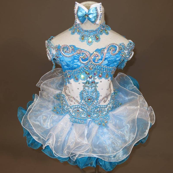 (#214) Off shoulder flat (High Glitz) national pageant dress. (white blue) (JaniceJackie)