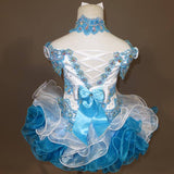 (#214) Off shoulder flat (High Glitz) national pageant dress. (white blue) (JaniceJackie)