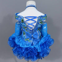 (#216) Off shoulder flat glitz pageant dress. (blue)