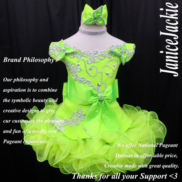 (#255) Off shoulder flare glitz national pageant dress. (neon green) / (*Without necklace)