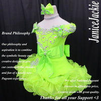 (#255) Off shoulder flare glitz national pageant dress. (neon green) / (*Without necklace)
