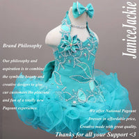(#289) Halter flare glitz national pageant dress. (sea green) (Without necklace)