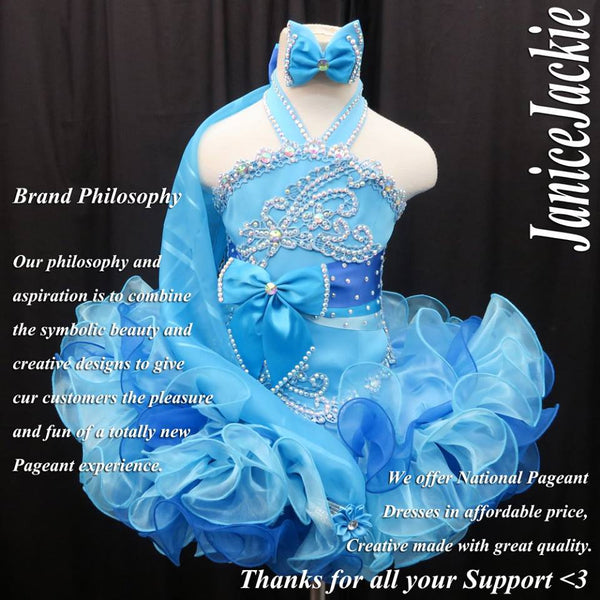 (#304) Jewel neck flat glitz pageant dress. (2 tone blue) (without detachable scarf)