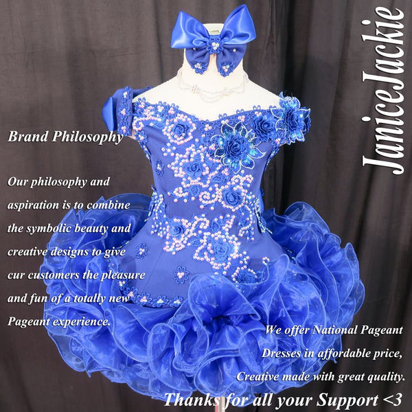 (#314) Off shoulder flare glitz pageant dress. (blue) (without necklace)