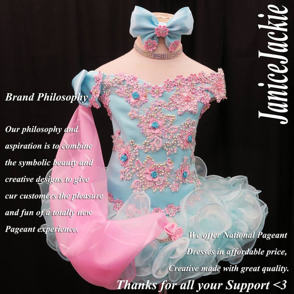 (#315) Off shoulder flat glitz national pageant dress. (seafoam blue pink) (*NO Scarf) (*NO Necklace)