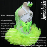 (#318) Jewel neck flat glitz pageant dress. (white neon green) (*whithout scarf)