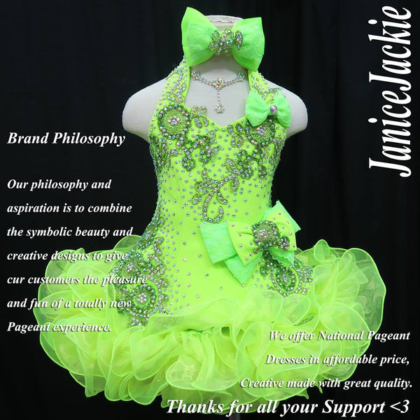 321) Halter flare glitz national pageant dress. (neon green) (withou janicejackie 321) Halter flare glitz national pageant dress. (neon green) (withou janicejackie