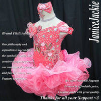 (#327) Off shoulder flat glitz pageant dress. (coral and pink) (not inclede necklace)