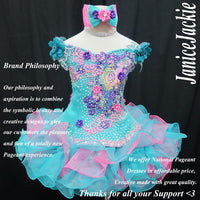 (#352) Off shoulder flare glitz pageant dress. (teal, pink, purple) (without necklace)
