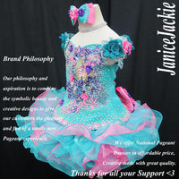 (#352) Off shoulder flare glitz pageant dress. (teal, pink, purple) (without necklace)