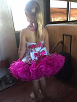 (#358) Halter flare glitz national pageant dress. (white fuchsia) (*Without necklace)