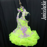 (DRESS EXAMPLE) Halter flared mega glitz national pageant dress. (lime green with lavender) (item: OnlyOne-031) not include necklace