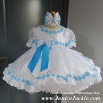 (#1303) Sleeve lace baby doll natural (no stones/low stones) pageant dress (white + blue trimming) / 3~4 weeks production (*Without necklace)